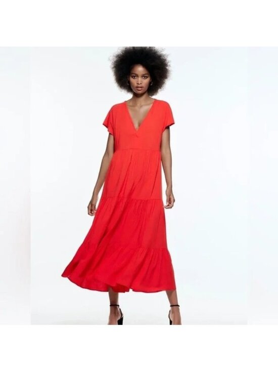 Zara Dresses & Skirts - Zara Tiered Midi Dress Red Orange V-Neck Lightweight Linen Blend